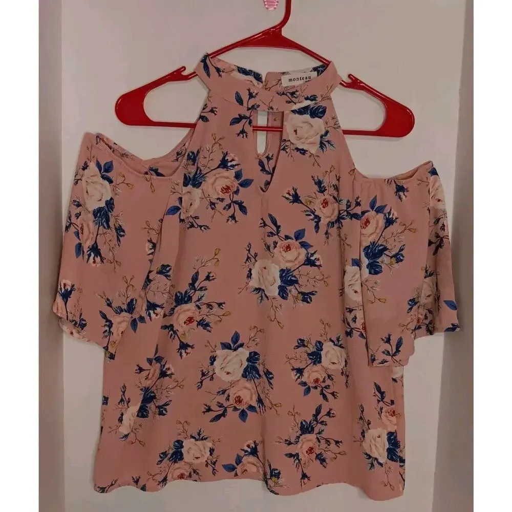 Monteau Top Women's Open Shoulder Keyhole Front And Back Pink Floral Size L